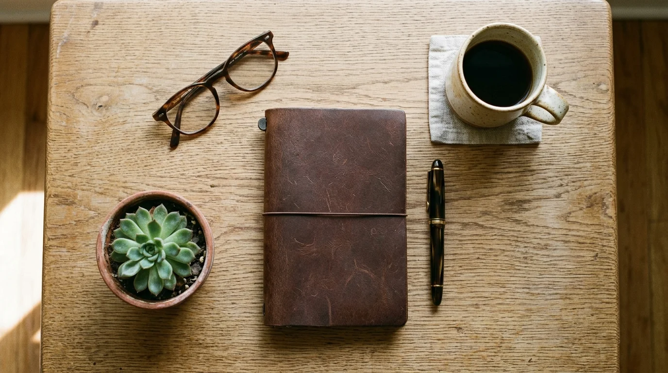 Übersichtliche Schreibtischszene mit Notizbuch, Lesebrille und Kaffeetasse in warmem Licht