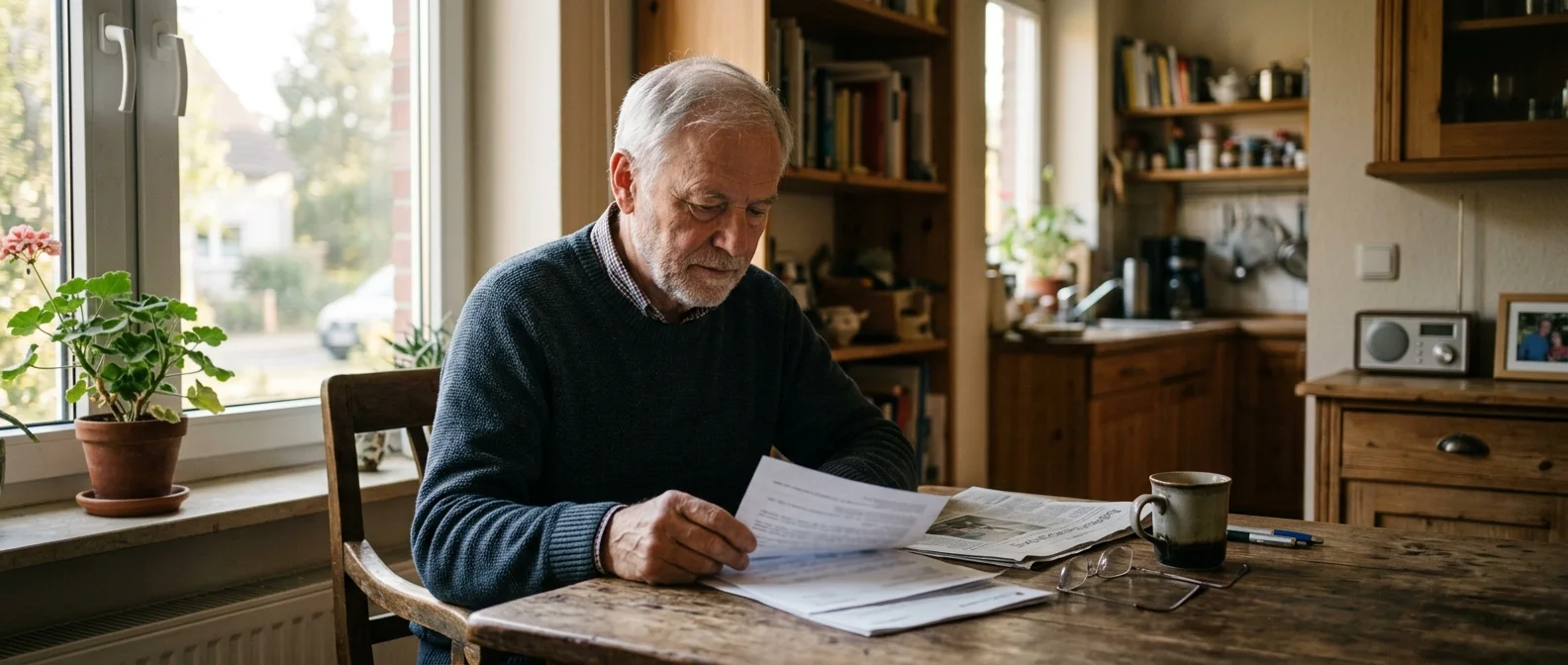 Älterer Mann liest am Schreibtisch in ruhigem Morgenlicht Unterlagen zur Rentenreform 2026
